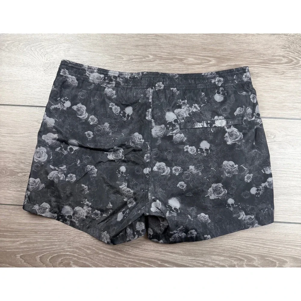 The Kooples Mens Swim Trunks Skull Rose Floral Print Black Grey Size M